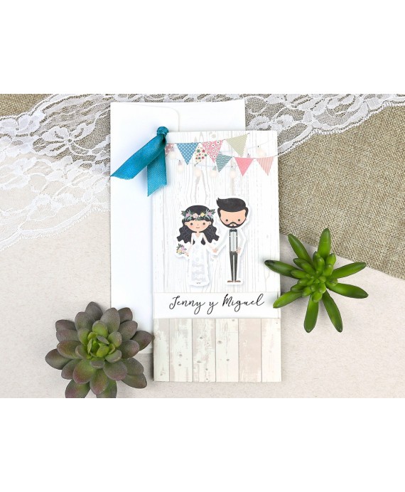 Invitacion de boda novios madera