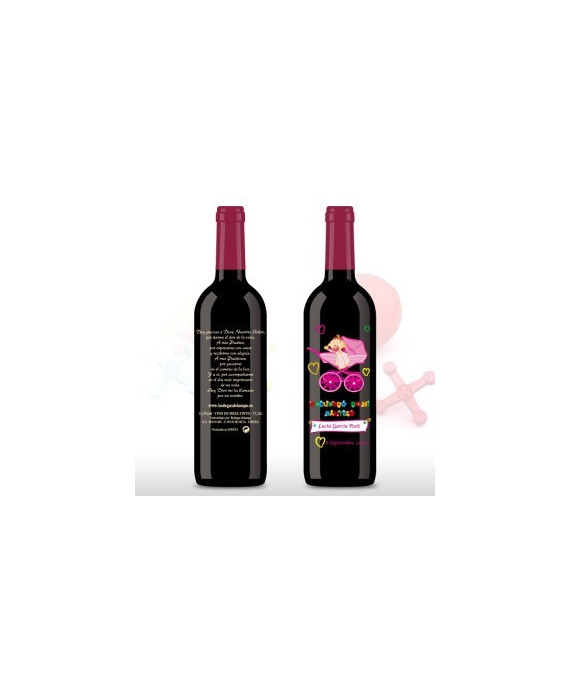 Vino decorada Bautizo 375ml bebe niña carricoche