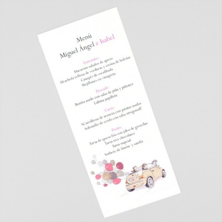 Menu para boda coche globos