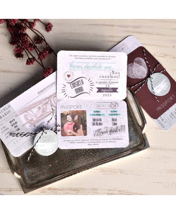 Invitación de boda pasaporte avioneta