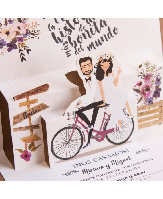 Invitación de boda novios bici