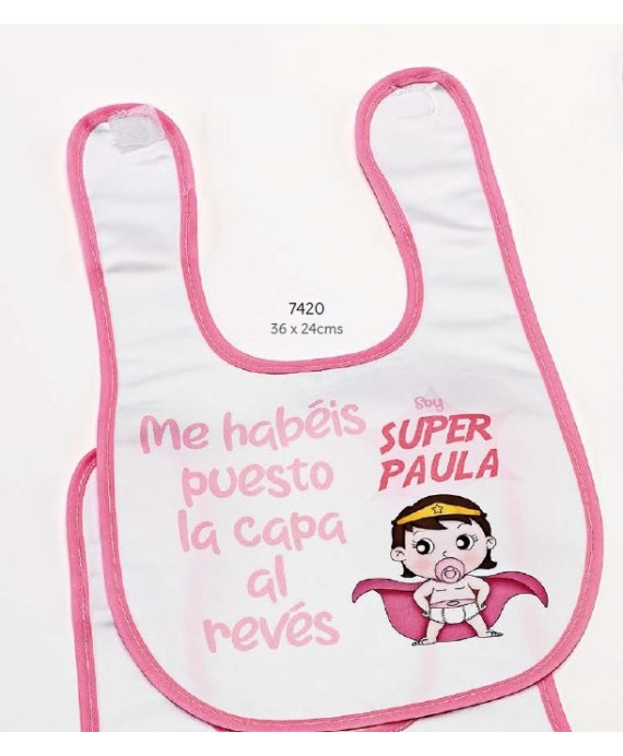 Babero super heroína ribete rosa personalizado nombre