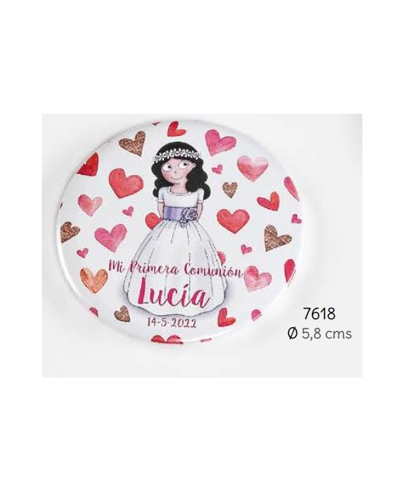 Chapa alfiler niña comunión corazones personalizada