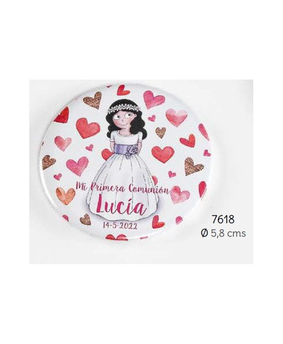 Chapa imán niña comunión corazones personalizada