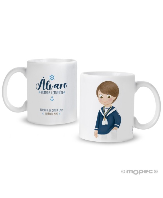 Taza cerámica Primera Comunión niño marinero azul