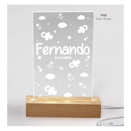 Lámpara bebé niño led metacrilato base madera usb personalizada