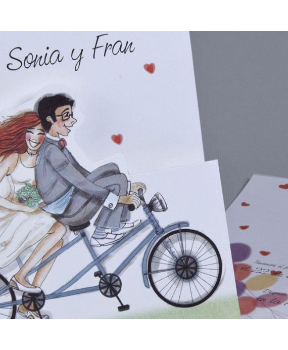 Invitación de boda novios bicicleta